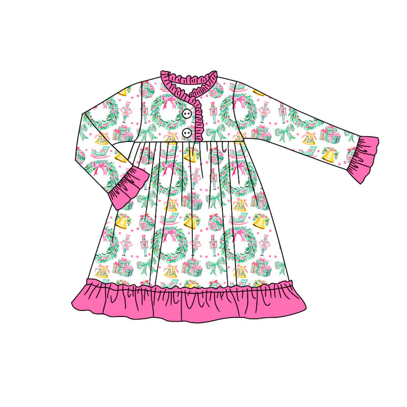 7.11Preorder (moq 5)Baby Girls Long Sleeves Holly Soldiers Button Ruffle Knee Length Dresses