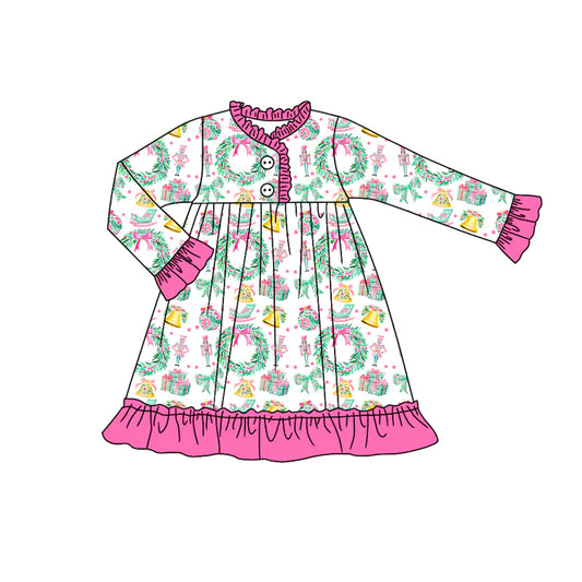 7.11Preorder (moq 5)Baby Girls Long Sleeves Holly Soldiers Button Ruffle Knee Length Dresses