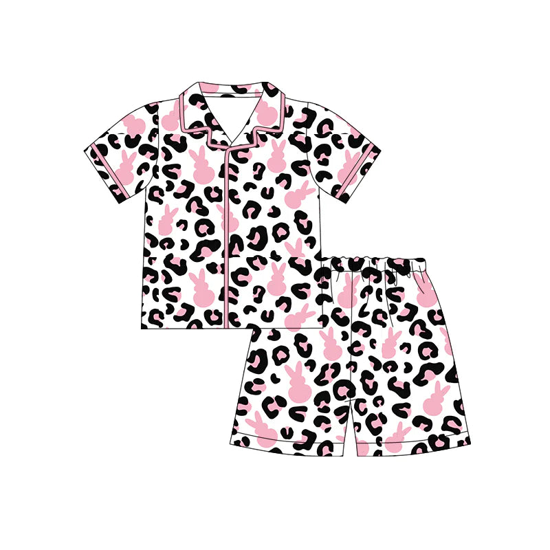 X12.18 Preorder (moq 5)Baby Girls Pink Rabbits Leopard Button Top Shorts Easter Pajamas Sets