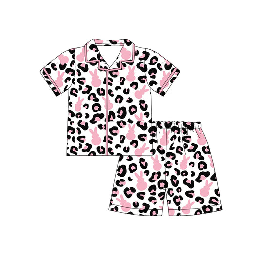 X12.18 Preorder (moq 5)Baby Girls Pink Rabbits Leopard Button Top Shorts Easter Pajamas Sets