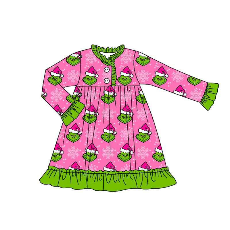 8.2Preorder (moq 5)Baby Girls Green Face Snowflake Button Ruffle Christmas Knee Length Dresses