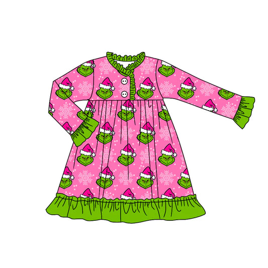 8.2Preorder (moq 5)Baby Girls Green Face Snowflake Button Ruffle Christmas Knee Length Dresses