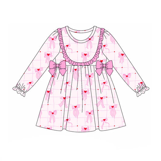 7.21Preorder (moq 5)Baby Girls Long Ruffle Sleeves Pink Hearts Bows Plaid Knee Length Dress