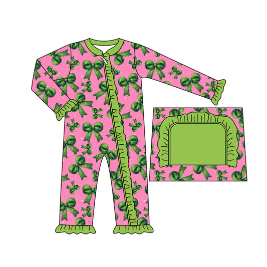 8.7preorder(moq 5)Baby Infant Girls Green Bows Plaid Ruffle Christmas Zipper Rompers