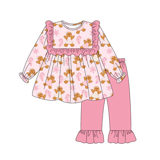 7.9Preorder (moq 5)Baby Girls Long Sleeves Pink Candy Cane Gingerbread Tunic Ruffle Pant Clothes Set