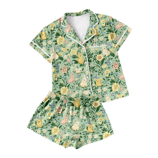 X922Preorder (moq 5)Baby Girls Green Rabbits Flowers Button Pocket Top Shorts Easter Pajamas Sets