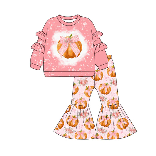 7.16Preorder (moq 5)Baby Girls Long Sleeves Bows Pumpkins Top Bell Bottom Pant Set