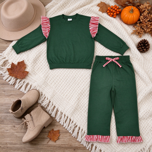 NEW RTS NO MOQ milk silk GLP3703（GT1850+P1158）Baby Girls Long Sleeve Green Top Pockets Ruffle Pant Set