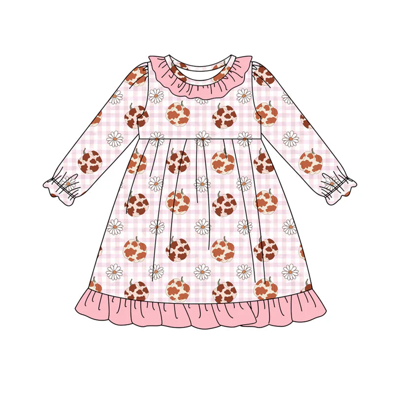 8.9Preorder (moq 5)Baby Girls Pink Camo Pumpkins Daisy Plaid Fall Ruffle Knee Length Dresses