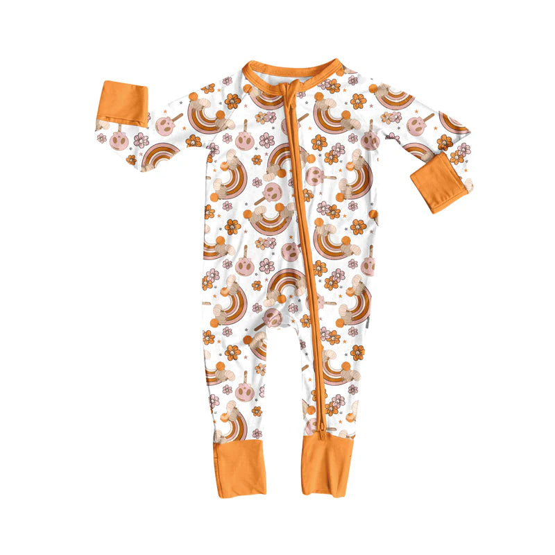 7.14Preorder (moq 5)Baby Girls Long Sleeves Flowers Rainbows Pumpkins Zipper Romper