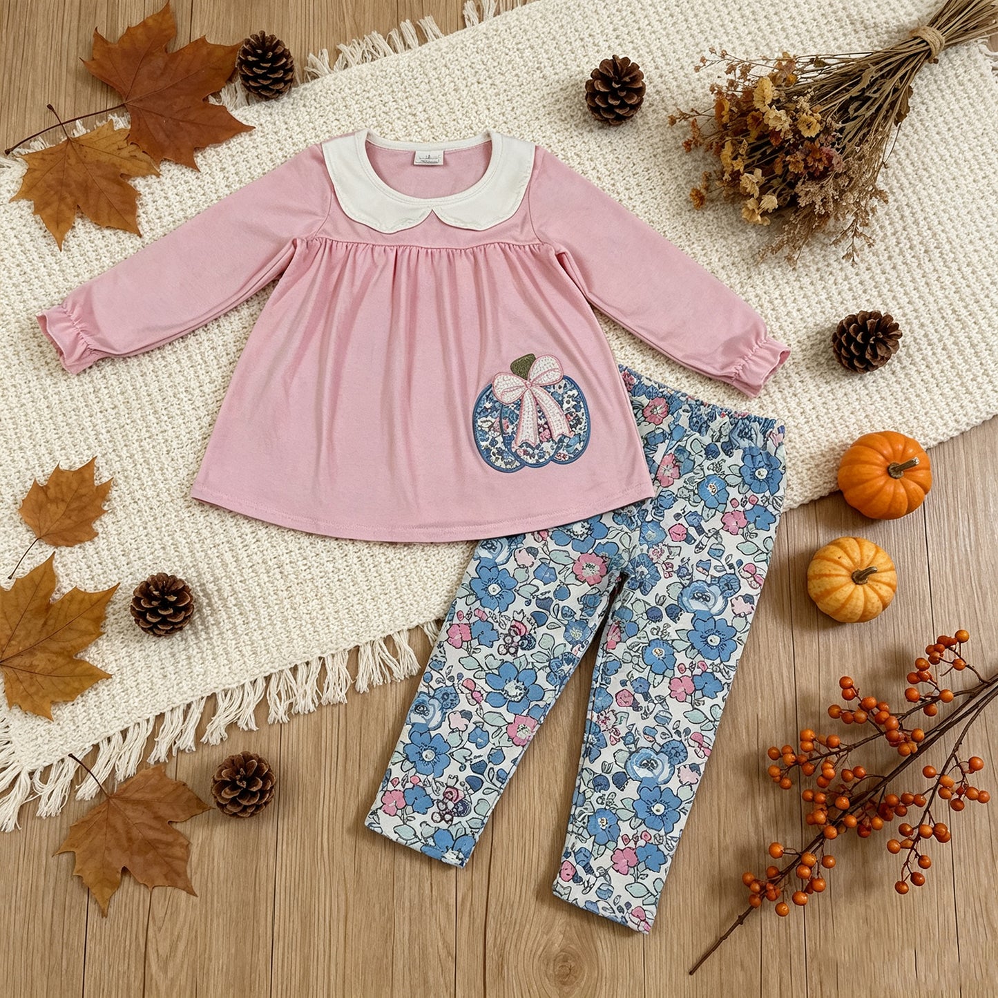 RTS NO MOQ milk silk GLP3319 Embroidery Flowers Pumpkins Baby Girls Collar Tunic Leggings Fall Clothes Sets