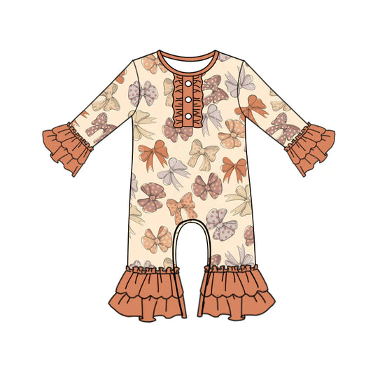 7.18Preorder moq 5 Baby Girls Long Sleeves Button Colorful Bows Plaid Ruffle Pant Rompers