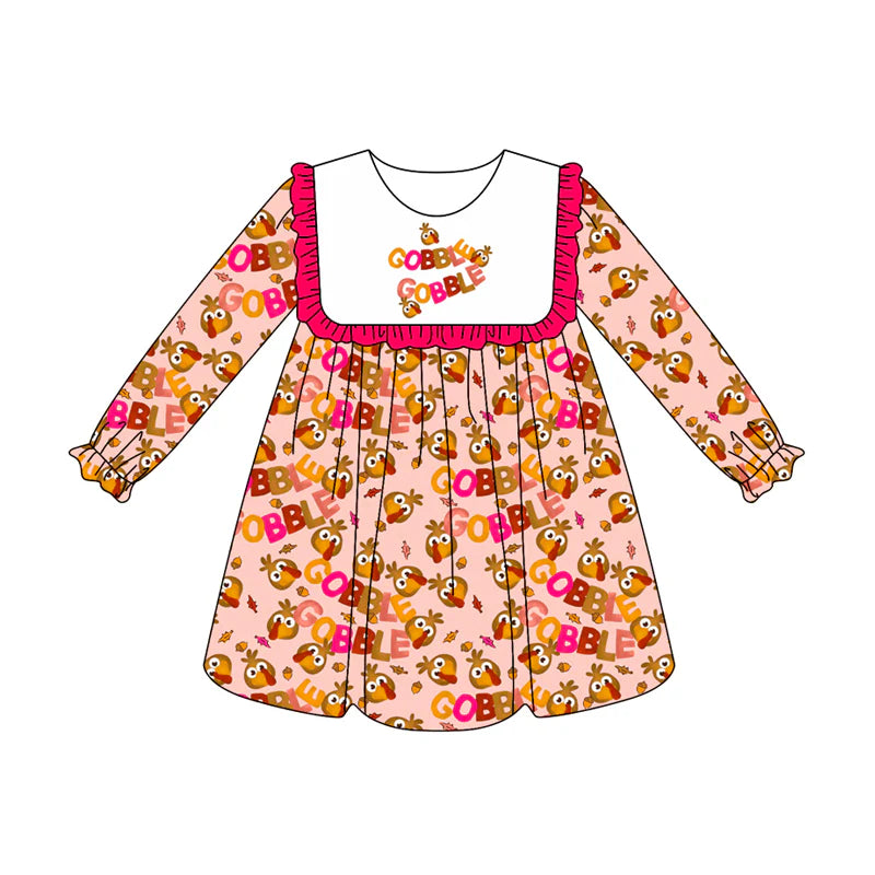 7.12Preorder (moq 5)Baby Girls Pink Long Ruffle Sleeves Turkey Plaid Gobble Knee Length Dresses