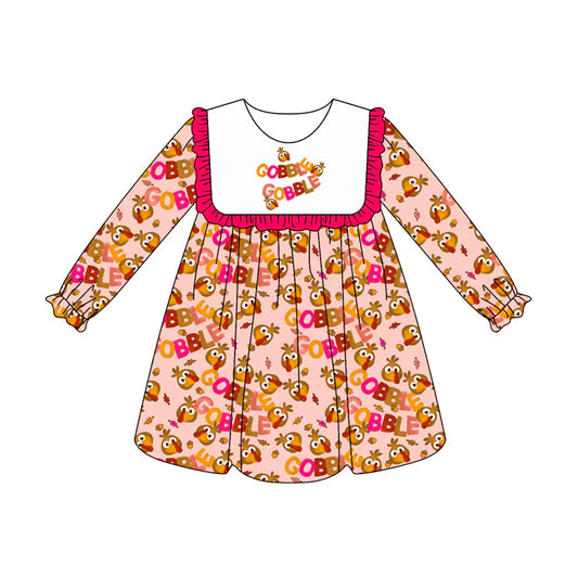 7.12Preorder (moq 5)Baby Girls Pink Long Ruffle Sleeves Turkey Plaid Gobble Knee Length Dresses