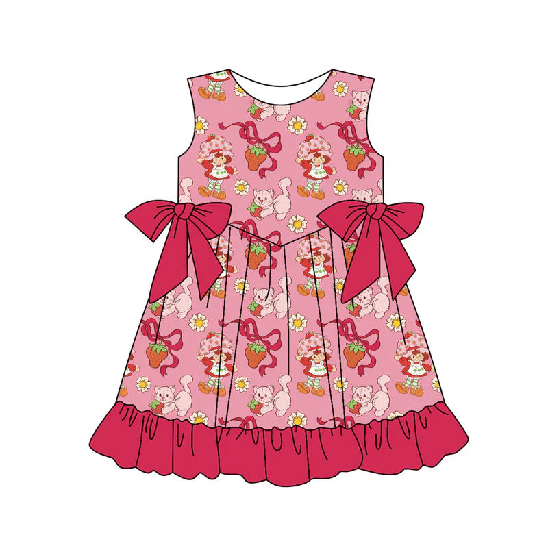 X11.13Preorder(moq 5) Baby Girls Flowers Strawberry Girls Bows Ruffle Knee Length Dresses