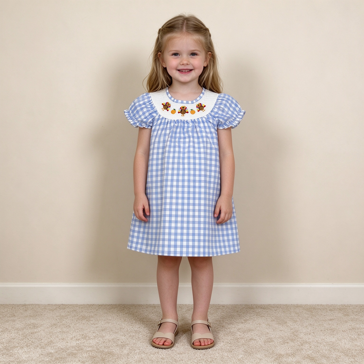 NEW RTS NO MOQ milk silk GSD4250 Smocked Turkey Baby Girls Blue Checked Thanksgiving Knee Length Dress