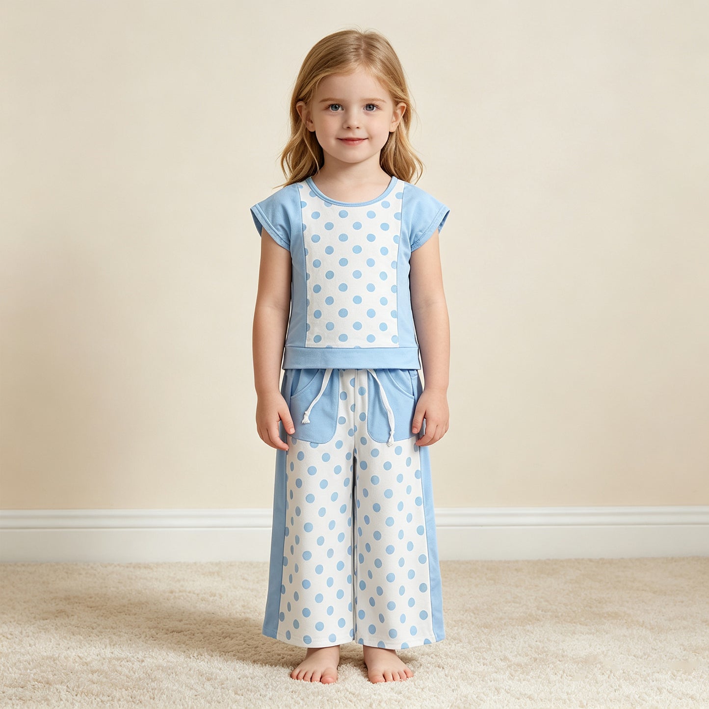 NEW RTS NO MOQ milk silk GSPO2334 Baby Girls Blue Polka Dots Print Top With Pockets Flare Pant Set