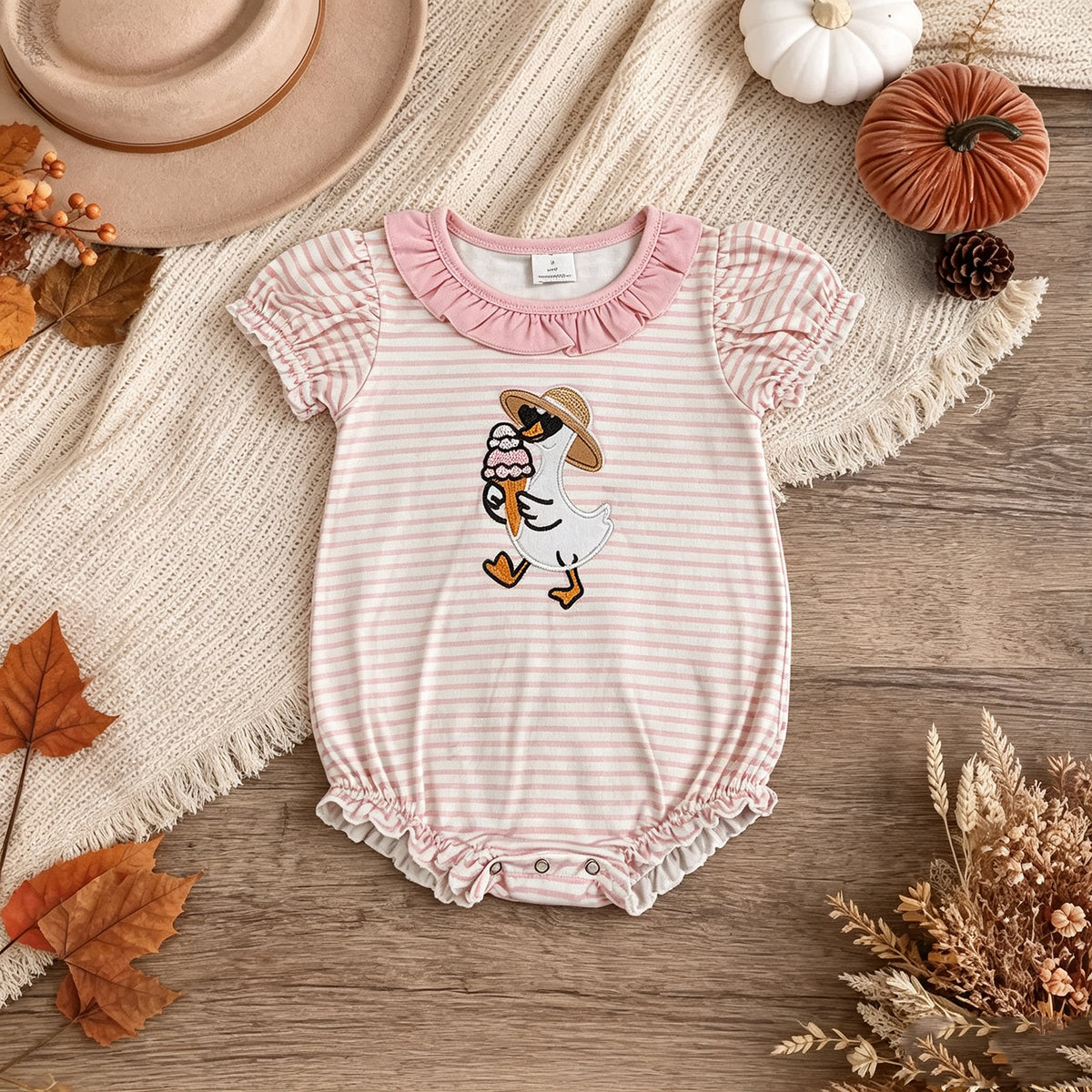 NEW RTS NO MOQ milk silk SR4101 Embroidery Ice Cream Gooses Baby Girls Pink Stripe Ruffle Rompers
