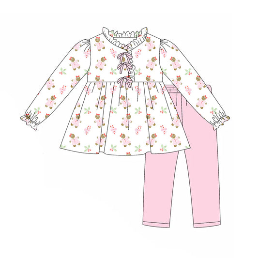 7.31preorder(moq 5) Baby Girls Long Sleeves Pink Gingerbread Holly Tunic Legging Pants Set