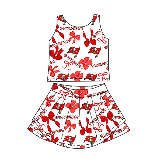 7.1Preorder (moq 5)Baby Girls Red Sleeveless Bows Plaid Buccaners Top Skorts Team Set