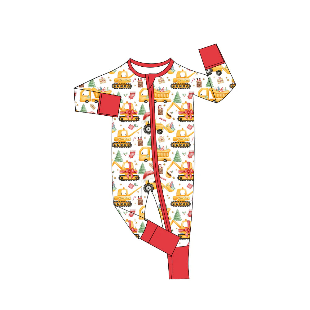X902Preorder(moq 5)Baby Boys Christmas Trucks Zipper Footie Rompers