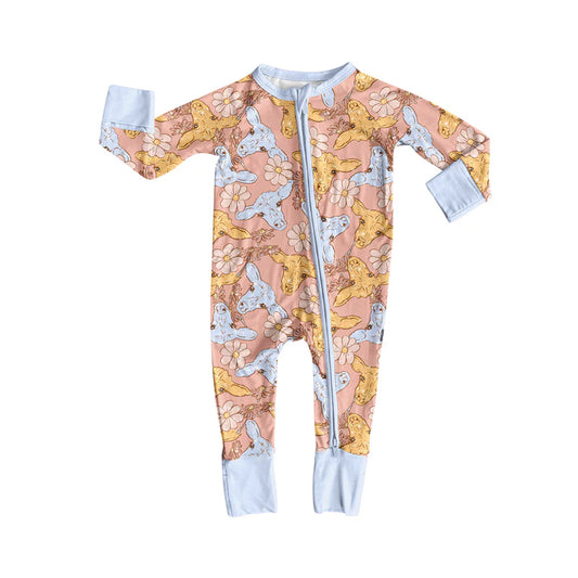 7.14Preorder (moq 5)Baby Girls Long Sleeves Colorful Cows Flowers Plaid Zipper Romper