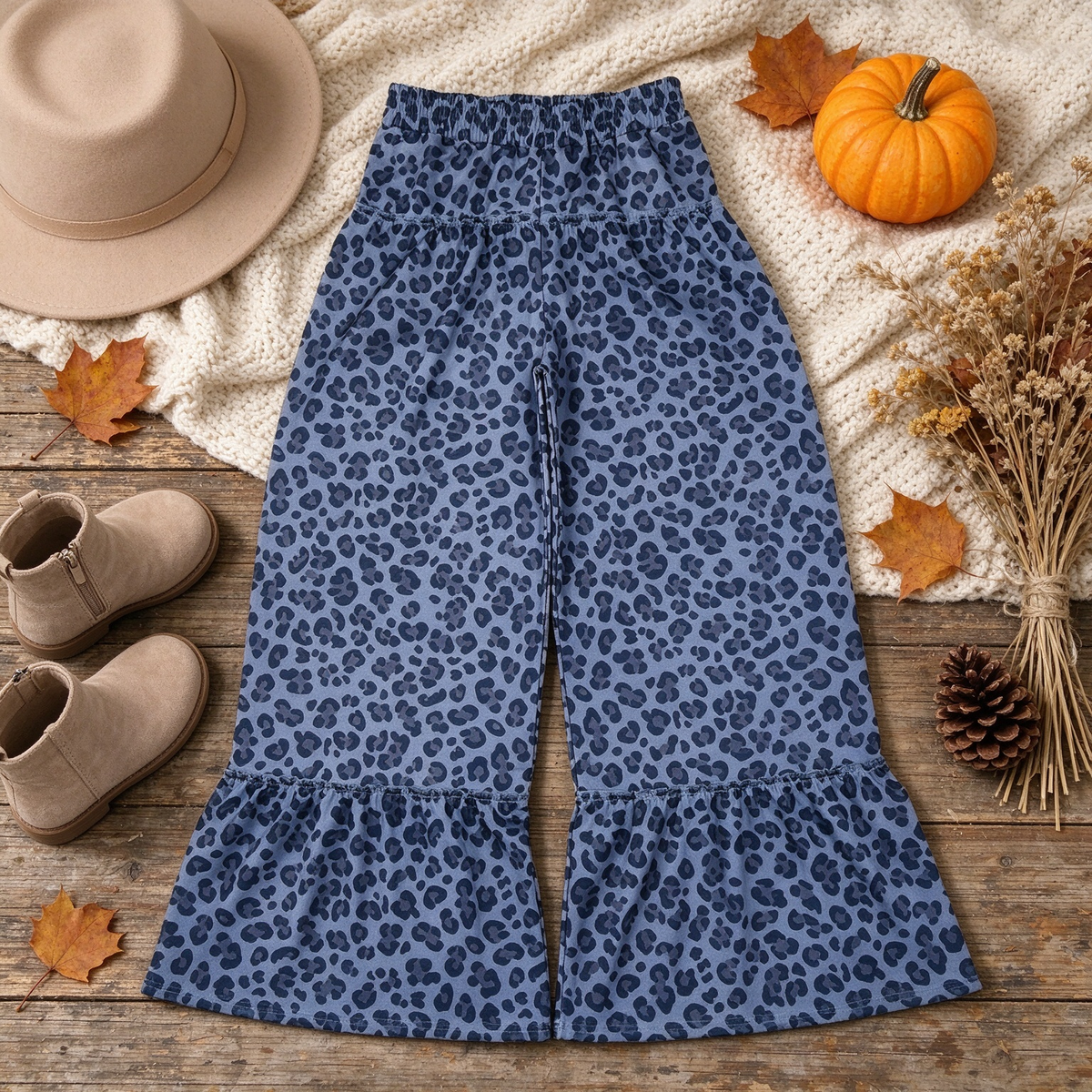 NEW RTS NO MOQ yoga P1052 Adult Women Blue Grey Leopard Yoga Active Flare Ruffle Pants Bottom