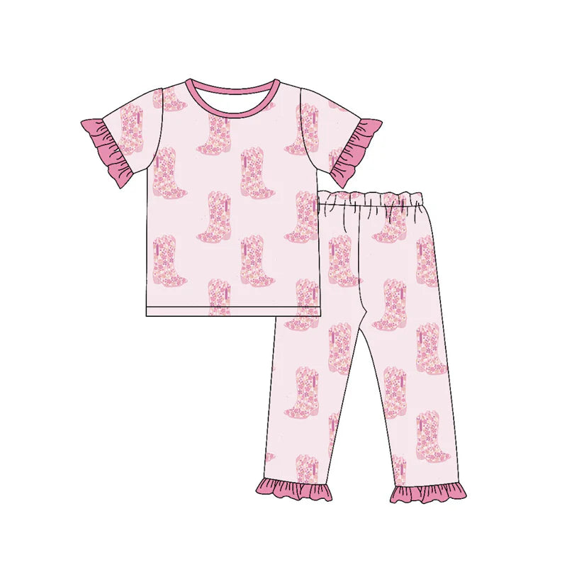 X1.15 Preorder (moq 5)Baby Girls Flower Boots Top Ruffle Pants Western Pajamas Sets