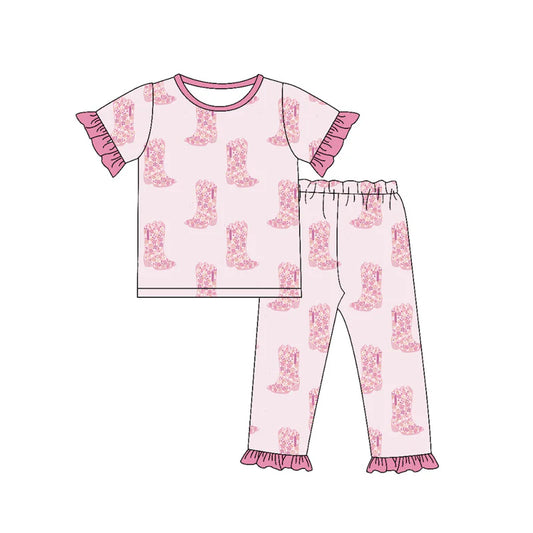 X1.15 Preorder (moq 5)Baby Girls Flower Boots Top Ruffle Pants Western Pajamas Sets