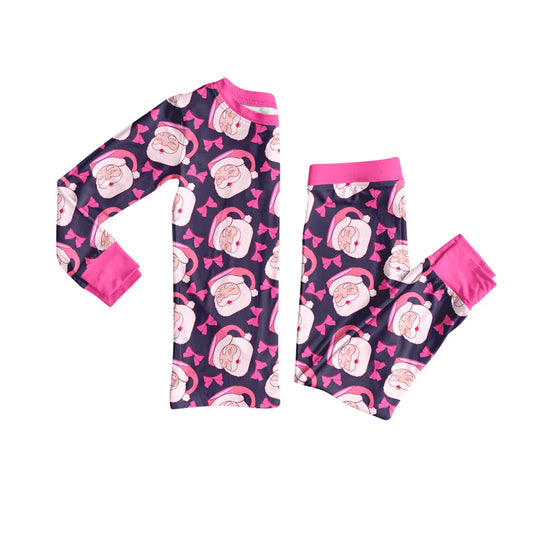 8.8Preorder(moq 5) Baby Girls Pink Santa Bows Plaid Top Pants Christmas Pajamas Set