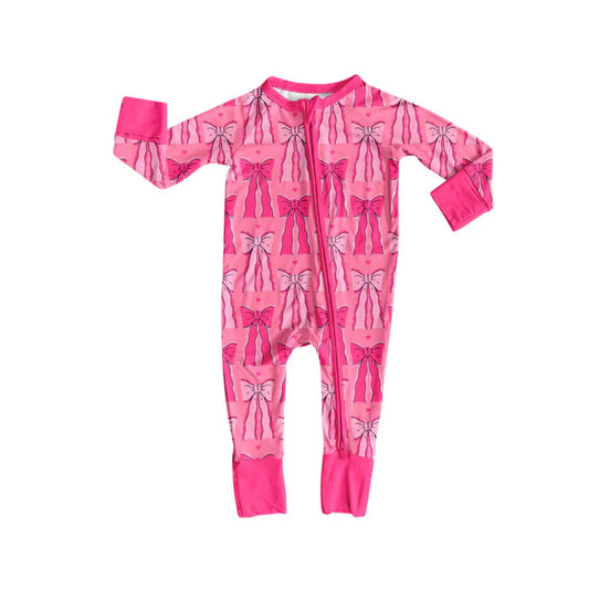 X908Preorder (moq 5)Baby Girls Hot Pink Bows Valentine Zipper Footie Rompers