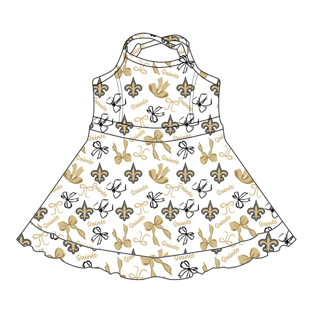 6.30Preorder (moq 5)Baby Girls Straps Yellow Bows Plaid Saints Shorts Ruffle Team Knee Length Dresses