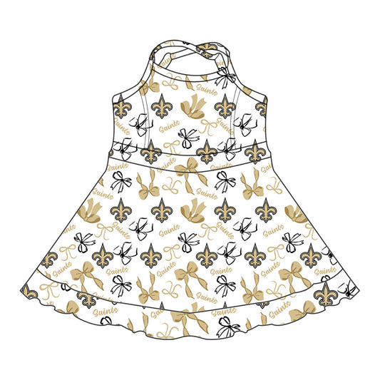 6.30Preorder (moq 5)Baby Girls Straps Yellow Bows Plaid Saints Shorts Ruffle Team Knee Length Dresses