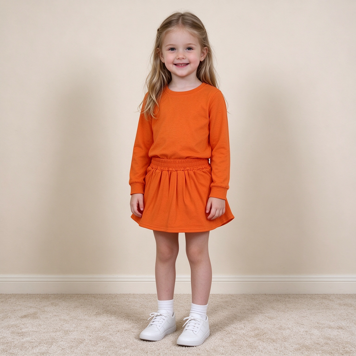 NEW RTS NO MOQ milk silk GLD1696 Baby Girls Orange Long Sleeve Shirt Top Pockets Skirt Short Clothes Sets