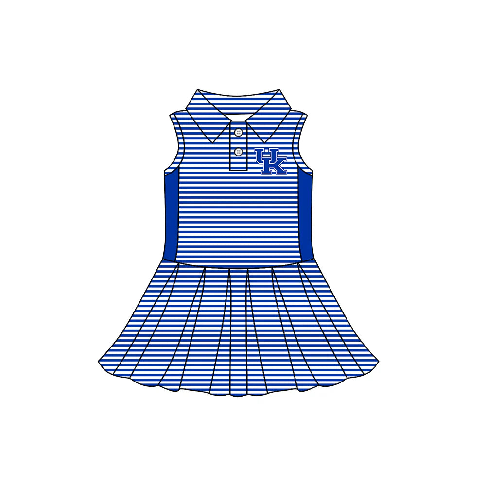 7.29Preorder (moq 5)Baby Girls Sleeveless bLUE Stripe Button UK Team Knee Length Dresses