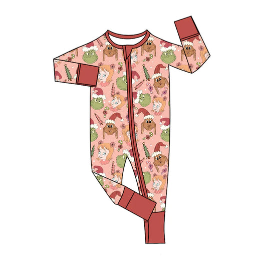 8.12Preorder(moq 5)Baby Girls Christmas Dogs Frogs Zipper Footie Rompers