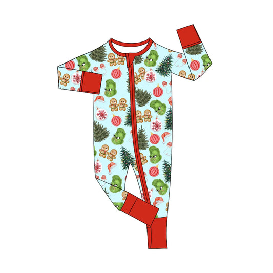 8.12Preorder(moq 5)Baby Girls Christmas Trees Gingerbread Frogs Zipper Footie Rompers