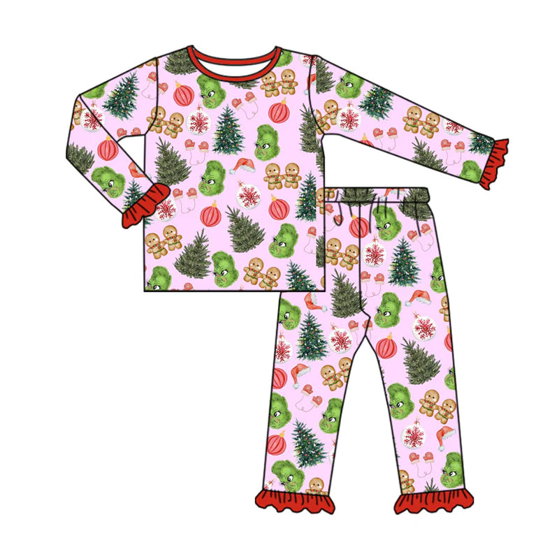 8.11Preorder(moq 5) Baby Girls Christmas Trees Gingerbread Frogs Top Pants Lounge Wear Pajamas Sets