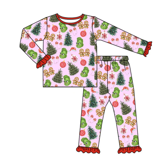 8.11Preorder(moq 5) Baby Girls Christmas Trees Gingerbread Frogs Top Pants Lounge Wear Pajamas Sets
