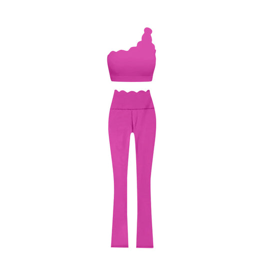 6.28Preorder (moq 5)Baby Girls Hotpink One Shoulder Scallop Top Bell Bottom Pants Yoga Sets