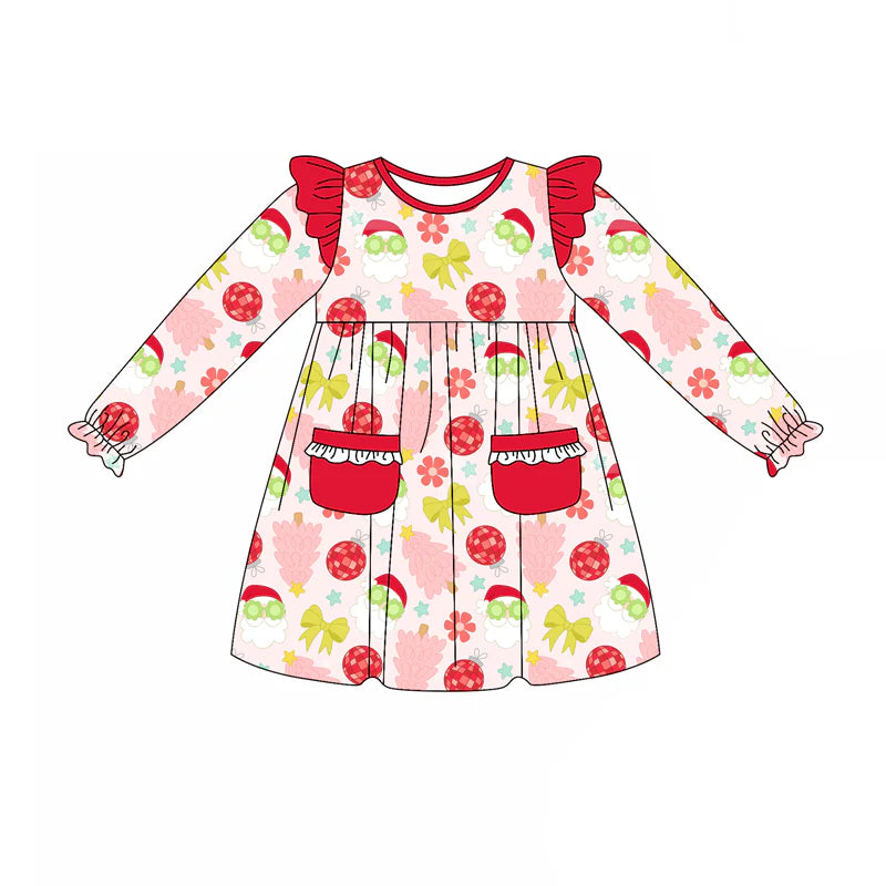 X8.14Baby Girls Christmas Tree Santa Disco Pockets Ruffle Dresses