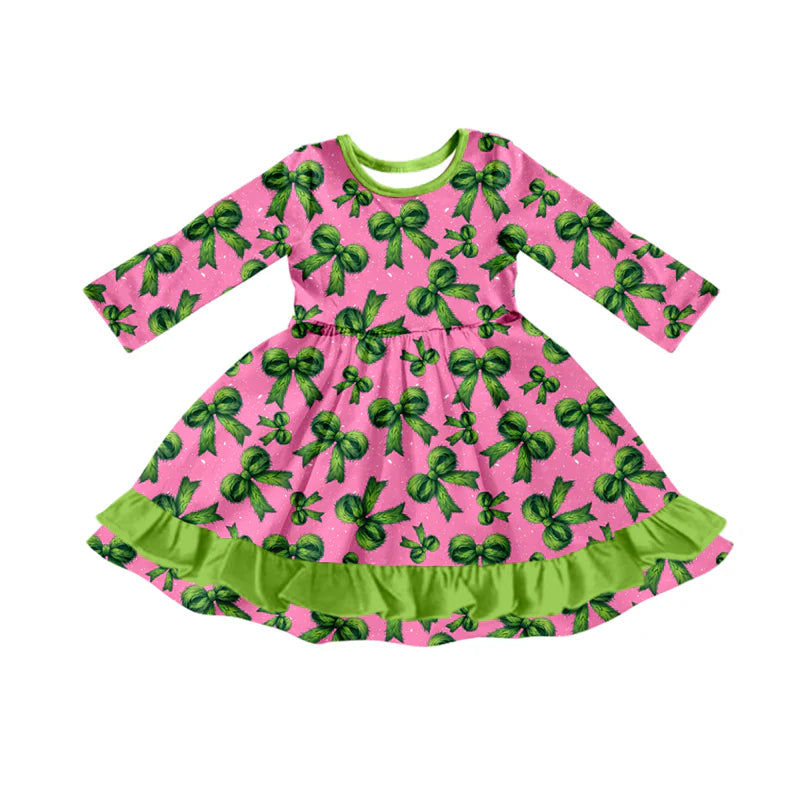 7.31Preorder(moq 5) Baby Girls Long Sleeves Green Bows Plaid Ruffle Knee Length Dresses