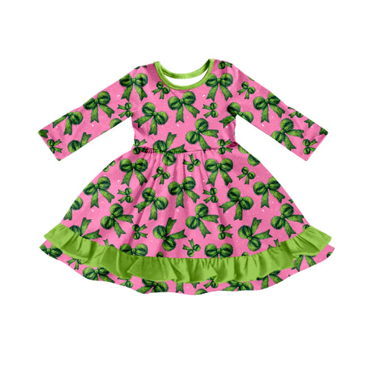 7.31Preorder(moq 5) Baby Girls Long Sleeves Green Bows Plaid Ruffle Knee Length Dresses