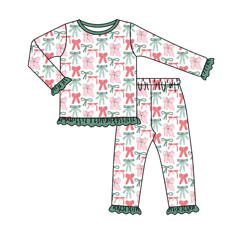 7.9Preorder (moq 5)Baby Girls Long Sleeves Green Red Bows Plaid Top Ruffle Pant Pajamas Clothes Set