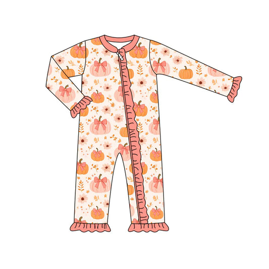 7.14Preorder (moq 5)Baby Girls Long Sleeves Bows Pumpkins Flowers Ruffle Zipper Romper