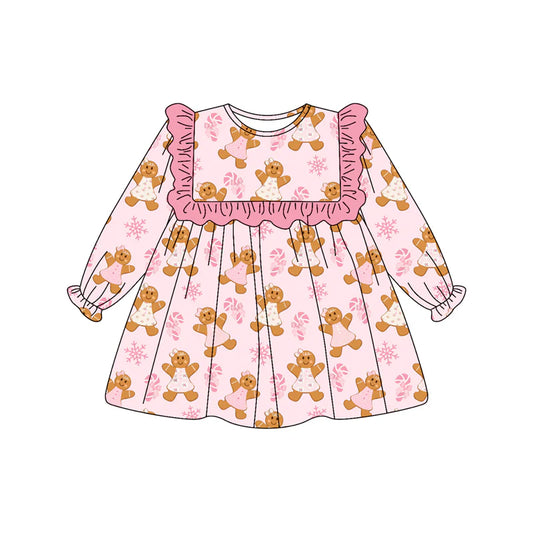 7.11Preorder (moq 5)Baby Girls Long Ruffle Sleeves Pink Bows Gingerbread Knee Length Dress