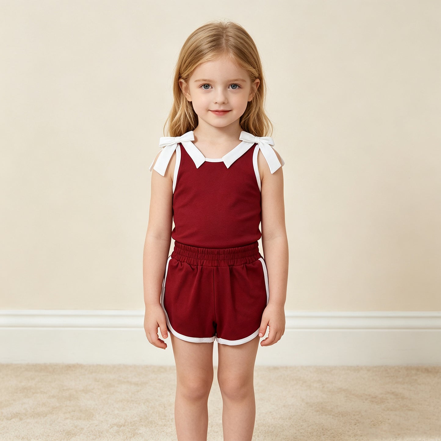 NEW RTS NO MOQ milk silk GSSO3855 Baby Girls Maroon White Bows Sleeveless Vest Top Short Clothes Sets