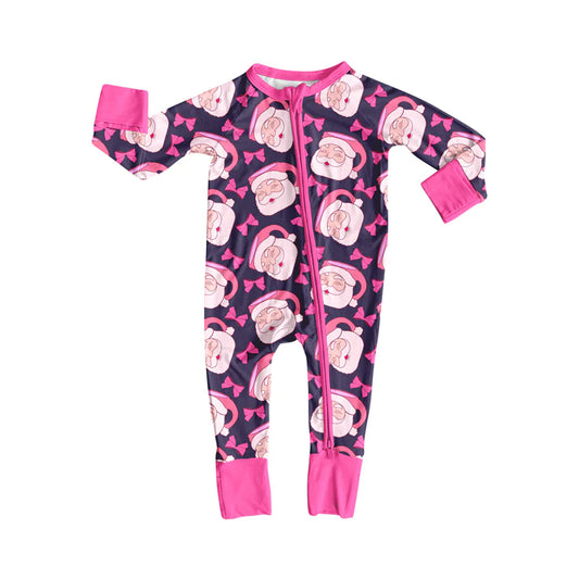 8.8Preorder(moq 5)Baby Boys Pink Santa Bows Plaid Christmas Zipper Footie Rompers
