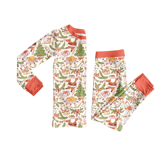 7.10Preorder (moq 5)Baby Girls Long Sleeves Christmas Trees Santa Top Pant Pajamas Clothes Set