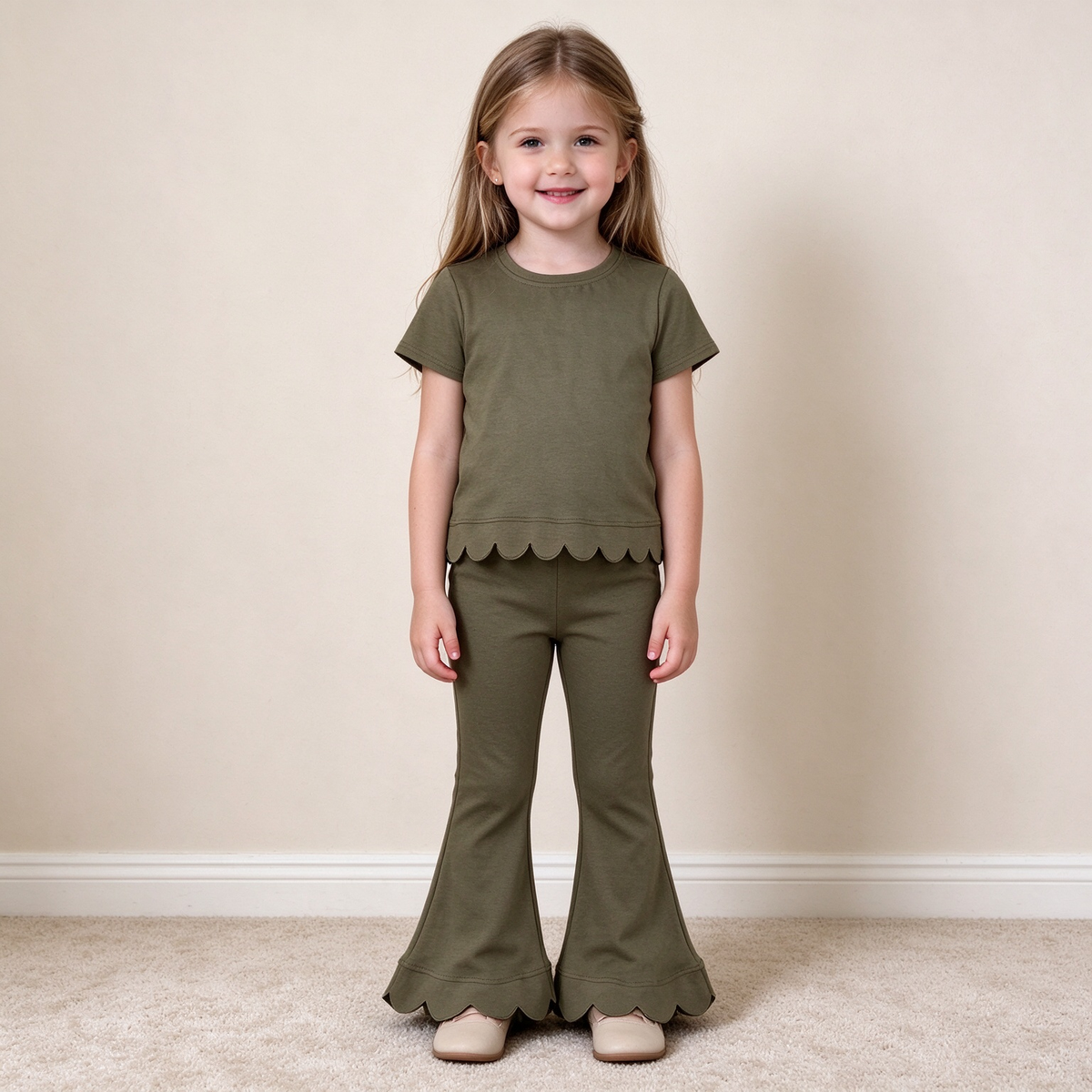 NEW RTS NO MOQ cotton GSPO2342（GT1772+P1080）Baby Girls Olive Short Sleeve Shirts Top Flare Pant Scallop Casual Set